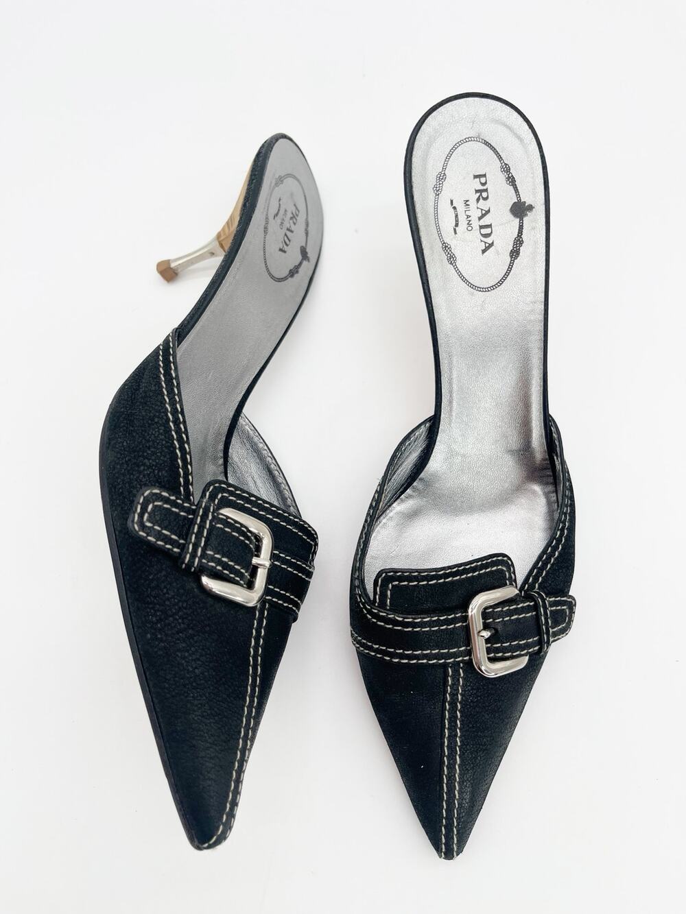 Prada Vintage Black Nubuck Buckle Contrast Stitch Pointed Toe Mules IT 37.5
